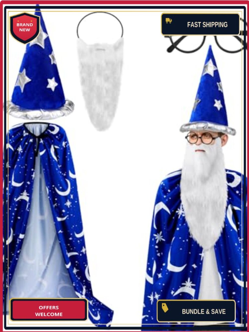 Wizard Costume Set Cape Hat Faux Beard Glasses Halloween Cosplay Adult